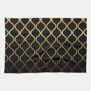 Black, gold, cool, trendy, retro abstract design kitchen towel