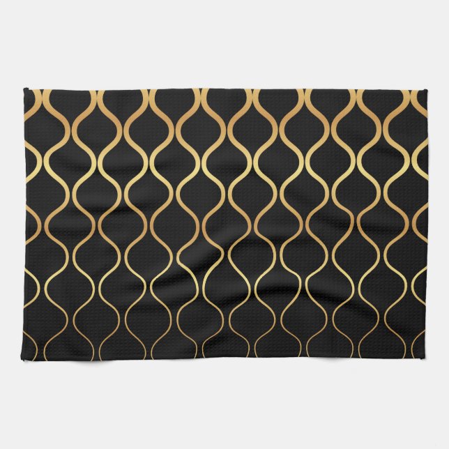 Black, gold, cool, trendy, retro abstract design kitchen towel (Horizontal)