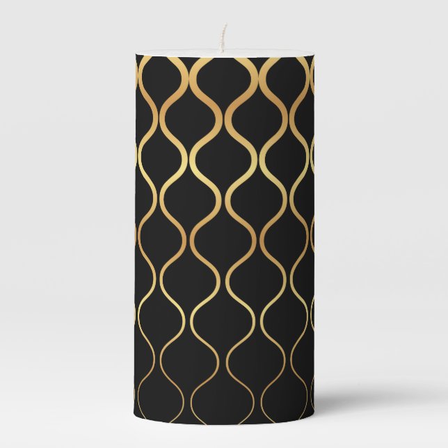 Black, gold, cool, trendy, retro abstract design pillar candle (Front)