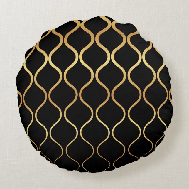 Black, gold, cool, trendy, retro abstract design round pillow (Back)