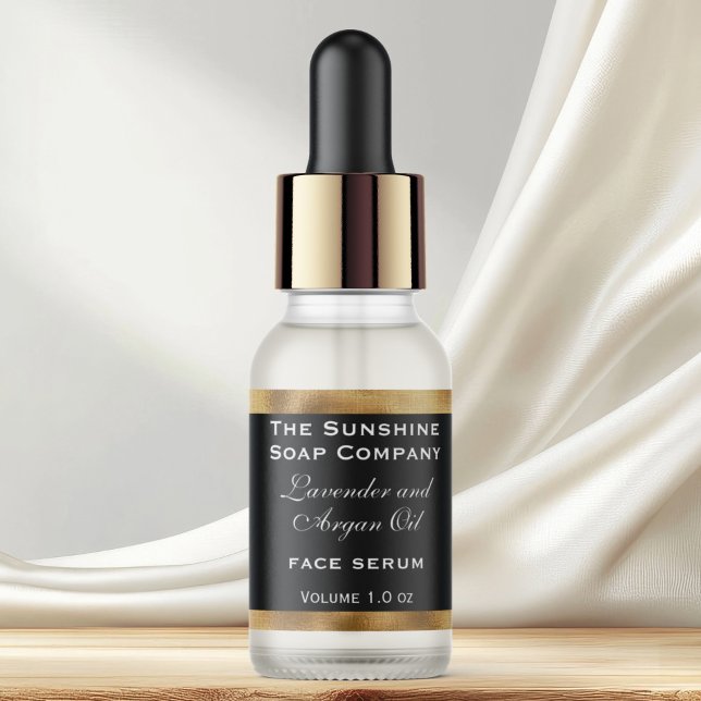 Black & gold cosmetics dropper bottle label - tiny (This label measures 2.25 inches long by 0.75 inches high (57 mm long by 19 mm in height) )
