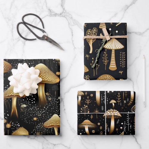 Black  Gold Cottagecore Mushrooms Trio Wrapping Paper Sheets