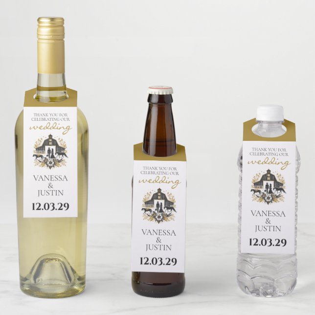 Black & gold Country Wedding Bottle Hanger Tag (In Situ)