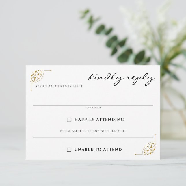 Black & Gold Country Wedding Food Choices RSVP Card (Standing Front)