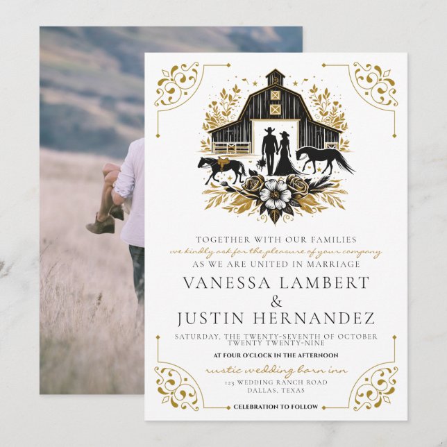 Black & Gold Country Wedding Invitation (Front/Back)