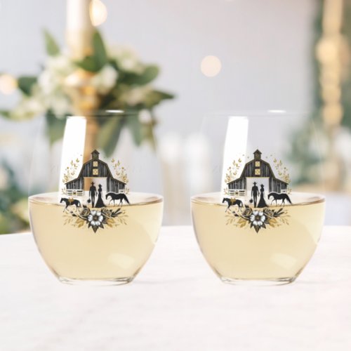 Black  Gold Country Wedding Stemless Wine Glass