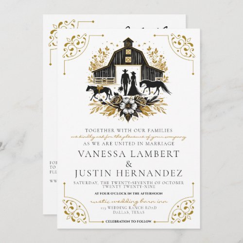 Black  Gold Country Wedding with Details Invitation