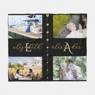 Black Gold Couple Initials Names with 4 Photos Fleece Blanket
