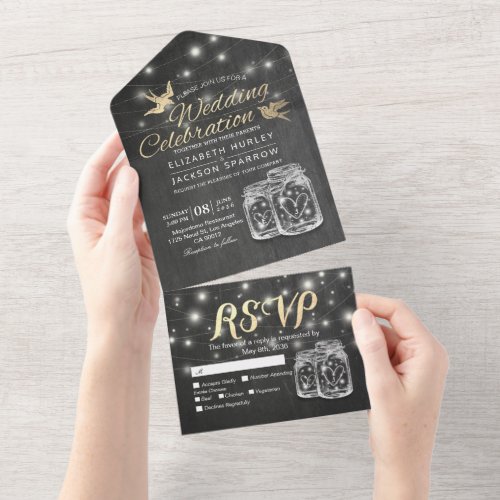 Black Gold Couple Mason Jars String Lights Wedding All In One Invitation