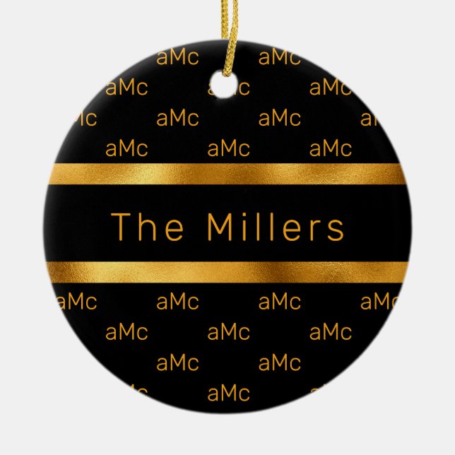 Black gold couple monogram pattern elegant ceramic ornament (Front)