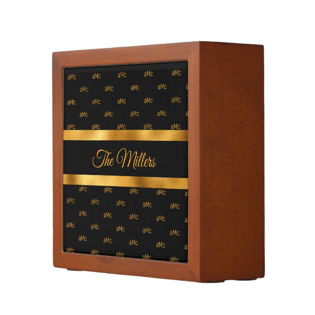 Black gold couple monogram pattern elegant desk organizer (Right)