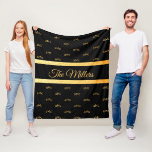 Black gold couple monogram pattern elegant fleece blanket