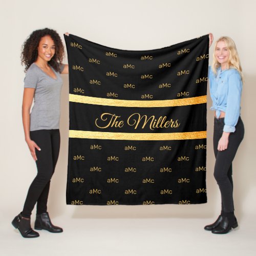 Black gold couple monogram pattern elegant  fleece blanket