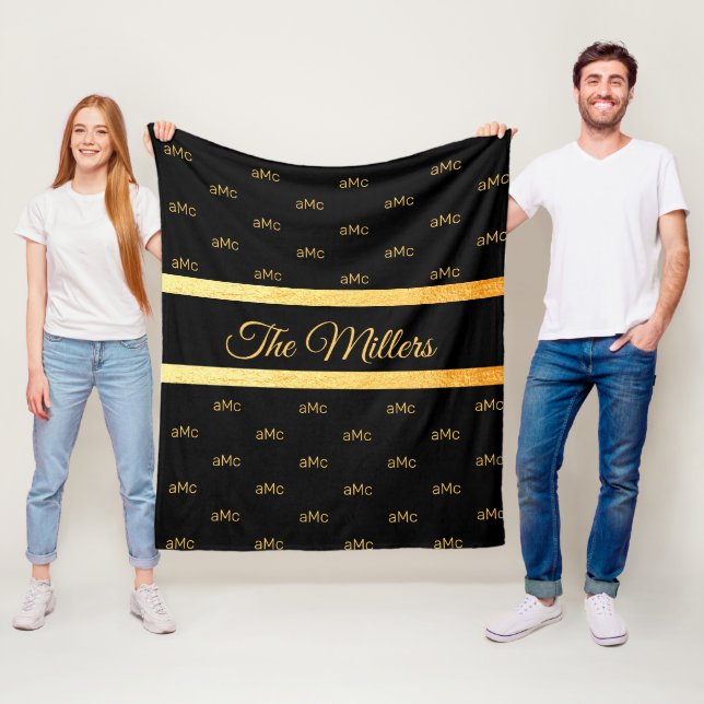 Black gold couple monogram pattern elegant  fleece blanket (In Situ)
