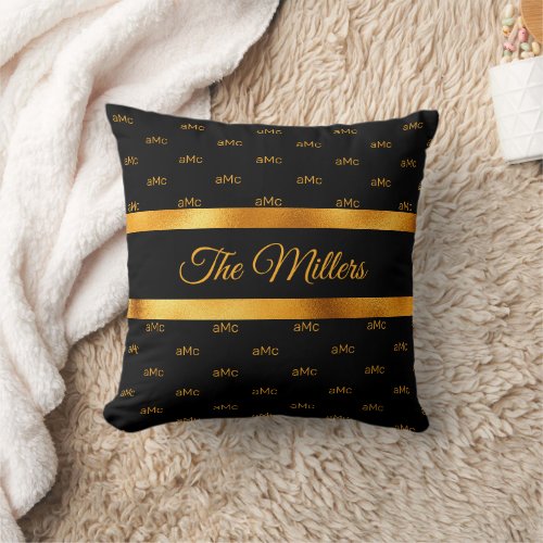 Black gold couple monogram pattern elegant throw pillow