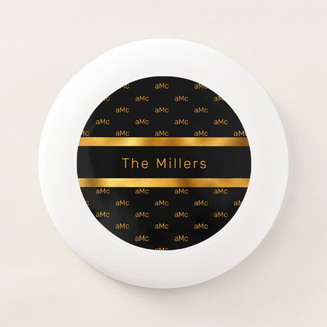 Black gold couple monogram pattern elegant Wham-O frisbee (Front)