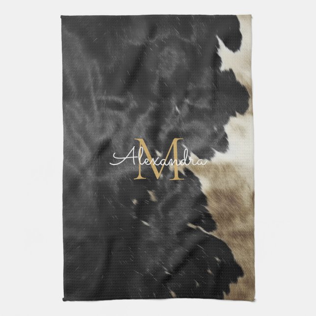 Black Gold Cowboy Cowgirl Cowhide Monogram  Kitchen Towel (Vertical)