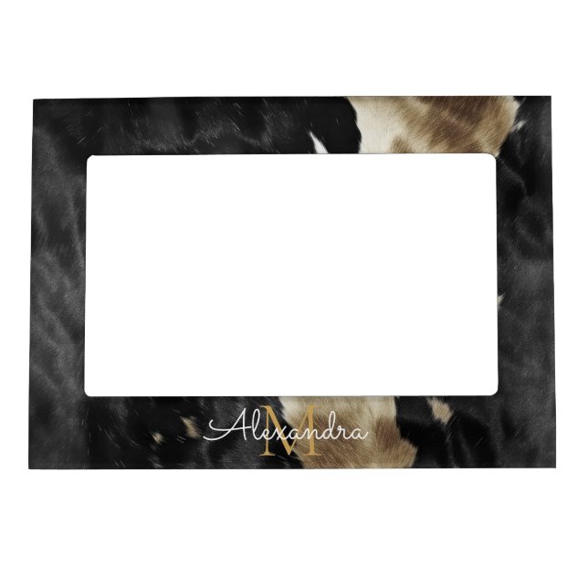 Black Gold Cowboy Cowgirl Cowhide Monogram  Magnetic Frame (Front)