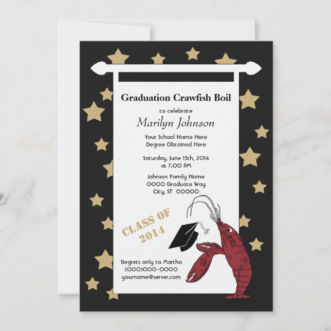 Black Gold Crawfish / Lobster Stars Graduation Invitation (Front)