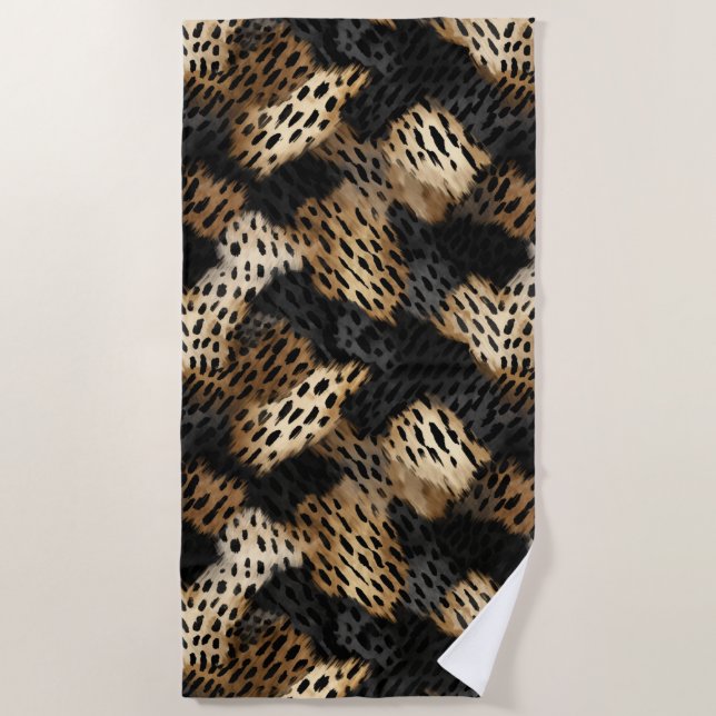 Black Gold Cream Leopard Animal Print   Beach Towel (Front)