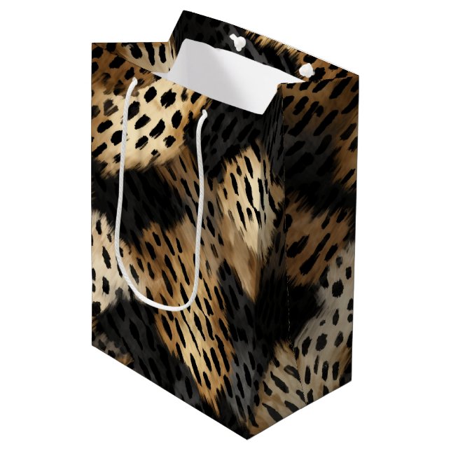Black Gold Cream Leopard Animal Print Medium Gift Bag (Front Angled)