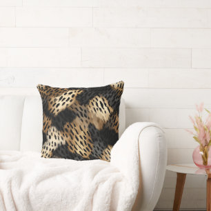 Black Gold Cream Leopard Animal Print Throw Pillow