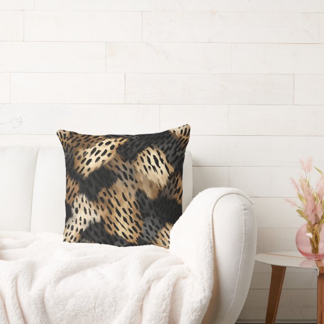 Black Gold Cream Leopard Animal Print Throw Pillow (Couch)