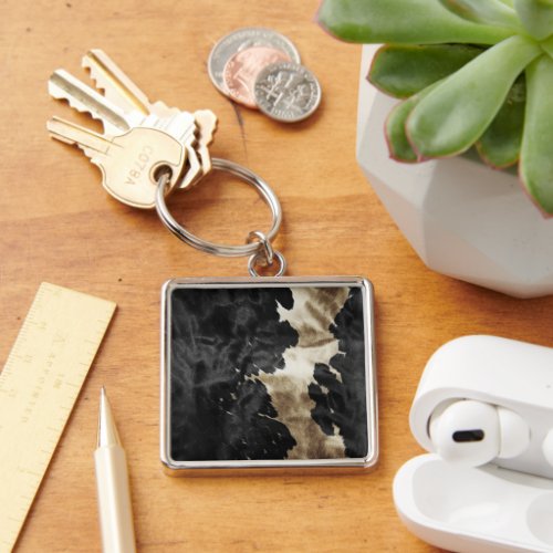 Black Gold Cream Western Cowhide Keychain