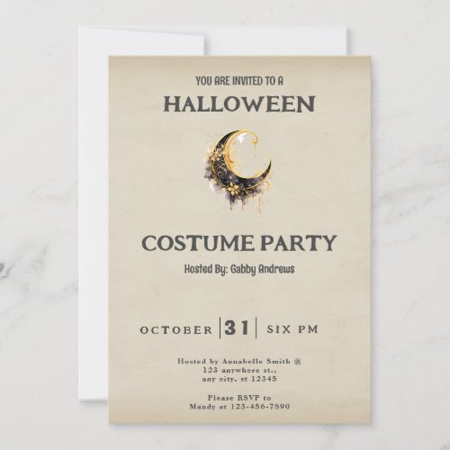 Black Gold Crescent Moon Vintage Halloween Costume Invitation