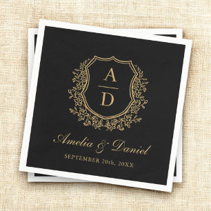 Black Gold Crest Elegant Monogram Wedding Napkins