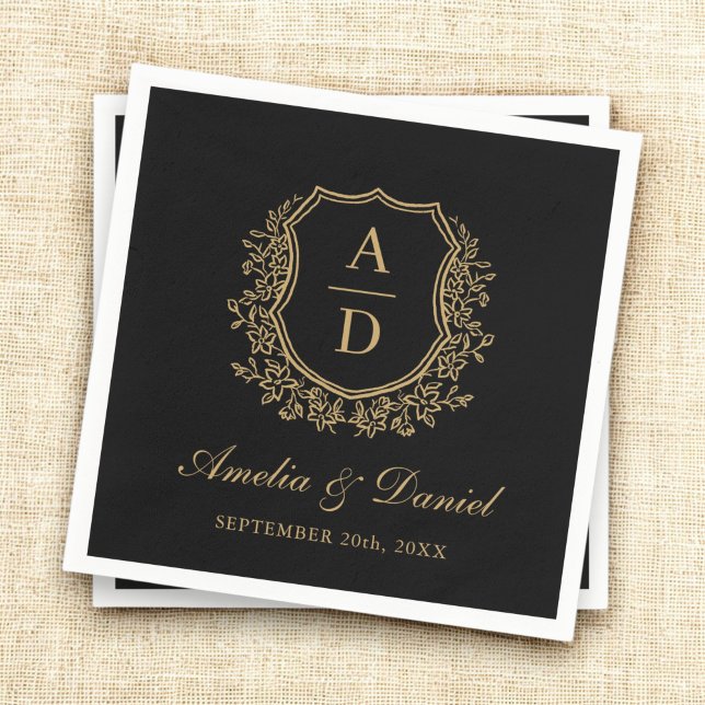 Black Gold Crest Elegant Monogram Wedding  Napkins (Creator Uploaded)