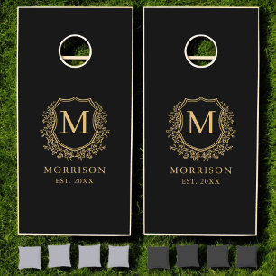 Black Gold Crest Modern Monogram Wedding  Cornhole Set