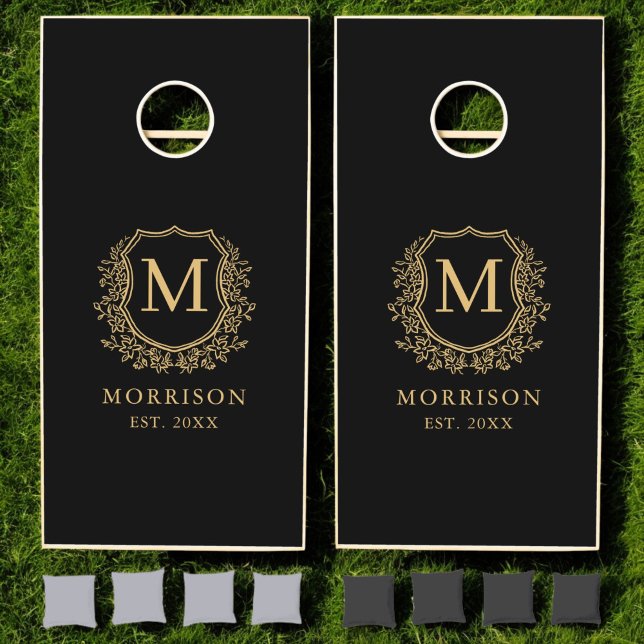Black Gold Crest Modern Monogram Wedding  Cornhole Set (Creator Uploaded)