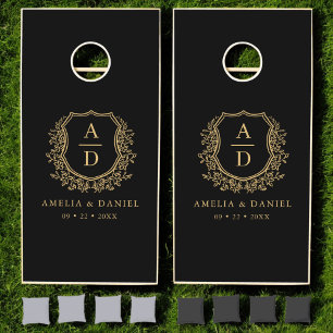 Black Gold Crest Modern Monogram Wedding Cornhole Set