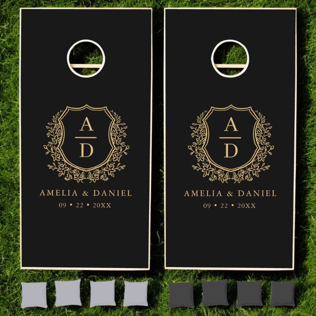 Black Gold Crest Modern Monogram Wedding  Cornhole Set (Creator Uploaded)