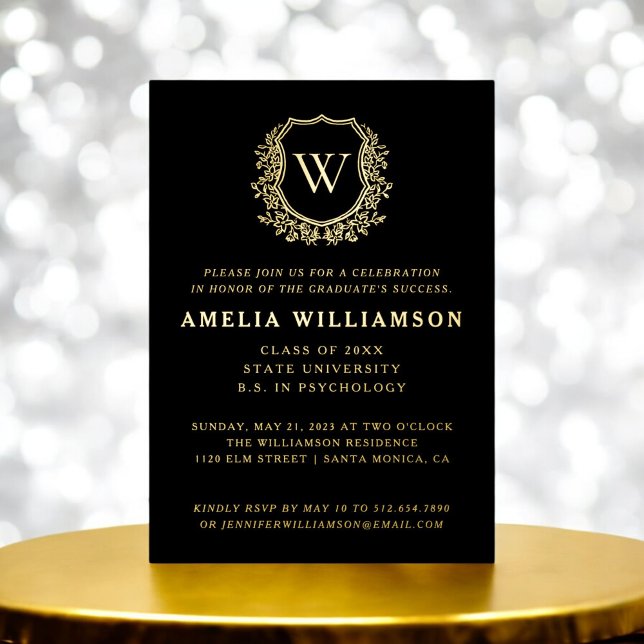 Black Gold Crest Monogram Graduation Party Foil Invitation (Creator Uploaded)