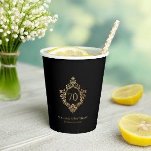 Black Gold Crest Vintage Elegant Man 70th Birthday Paper Cups