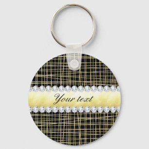 Black Gold Criss Cross Lines and Diamonds Keychain