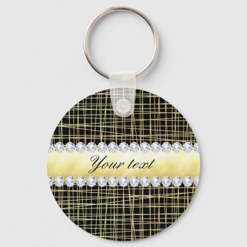 Black Gold Criss Cross Lines and Diamonds Keychain