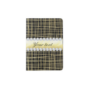 Black Gold Criss Cross Lines and Diamonds Passport Holder