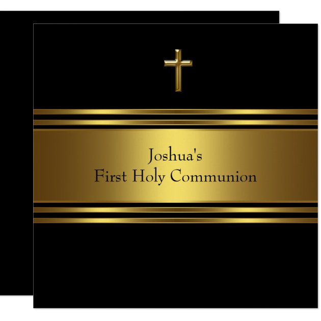 Black Gold Cross Boys First Communion Invitation