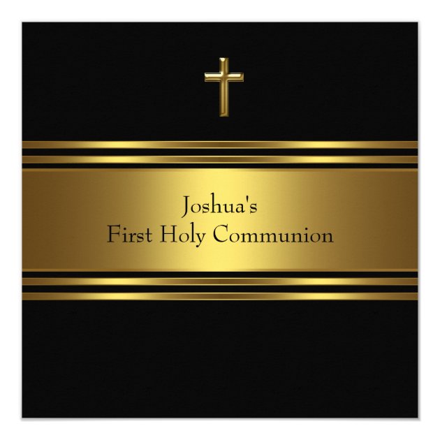 Black Gold Cross Boys First Communion Invitation