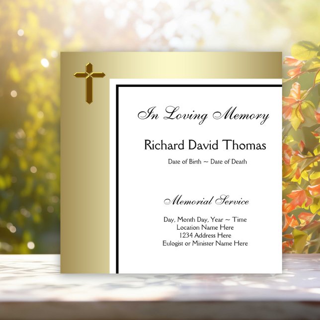 Black Gold Cross In Loving Memory Memorial Invitation (Simple elegant gold cross memorial and funeral announcement. Simply add your event details.)