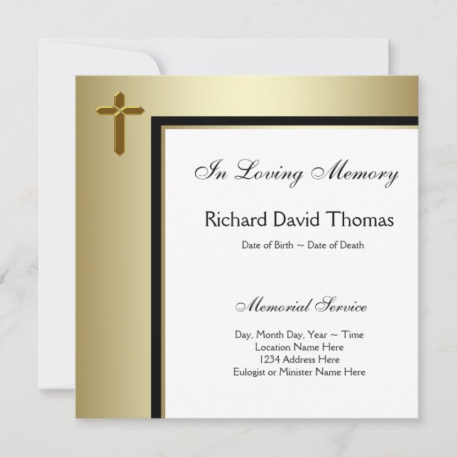 Black Gold Cross In Loving Memory Memorial Invitation (Front)