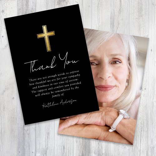 Black Gold Cross Photo Sympathy Funeral  Thank You Card