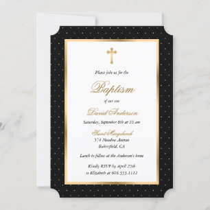 Black Gold Cross Polka Dots Elegant Script Baptism Invitation