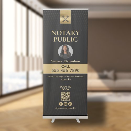 Black Gold Crossed Keys Photo QR Code Notary Event Retractable Banner