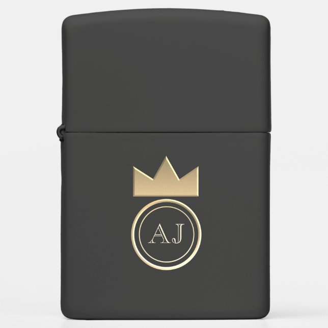 Black Gold Crown Monogram Initials Zippo Lighter (Front)