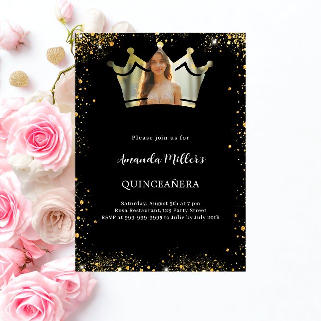 Black gold crown photo Quinceanera Invitation (Creator Uploaded)