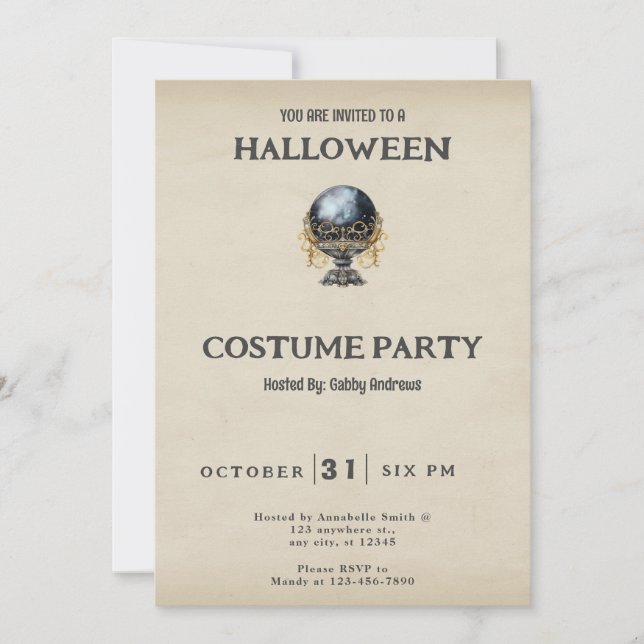Black Gold Crystal Ball Vintage Halloween Costume Invitation (Front)